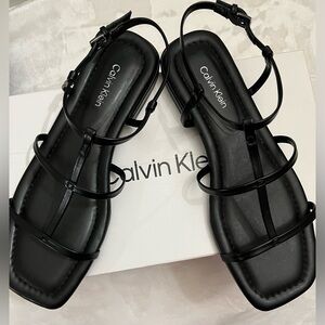 Calvin Klein Sallia Strappy Ankle Black Square Toe Women's US 7.5M sandalias